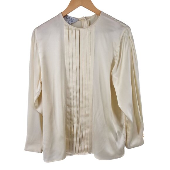 Nordstrom 100% Silk Ivory Blouse Gold Button Pleated Front Size 10 - Picture 1 of 6